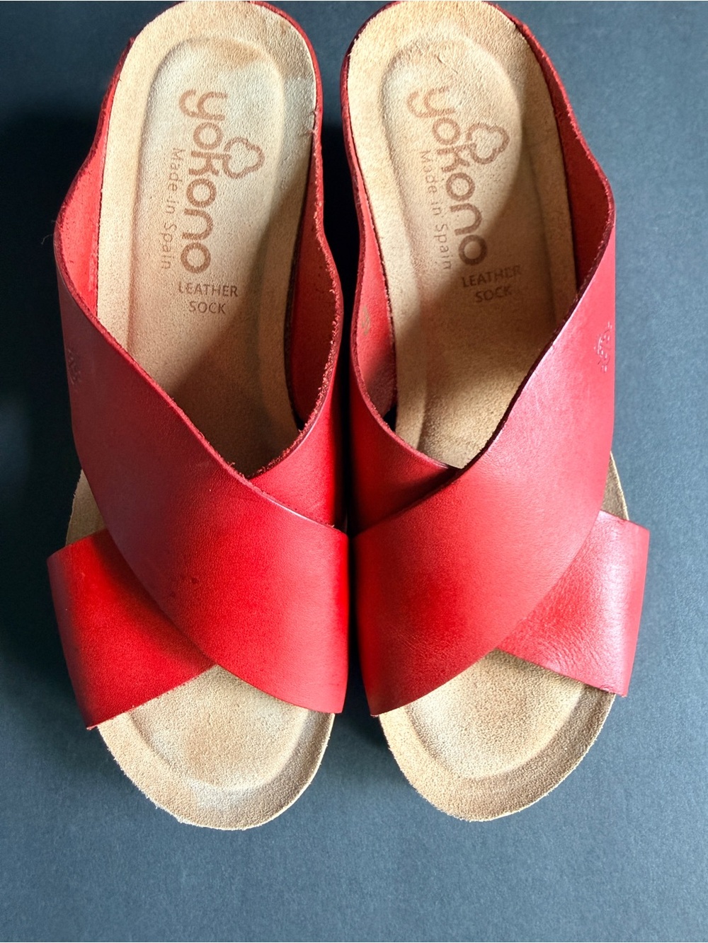 Yokono Red Leather Cross-Over Slide Mules Women’s Size 9 Wedge